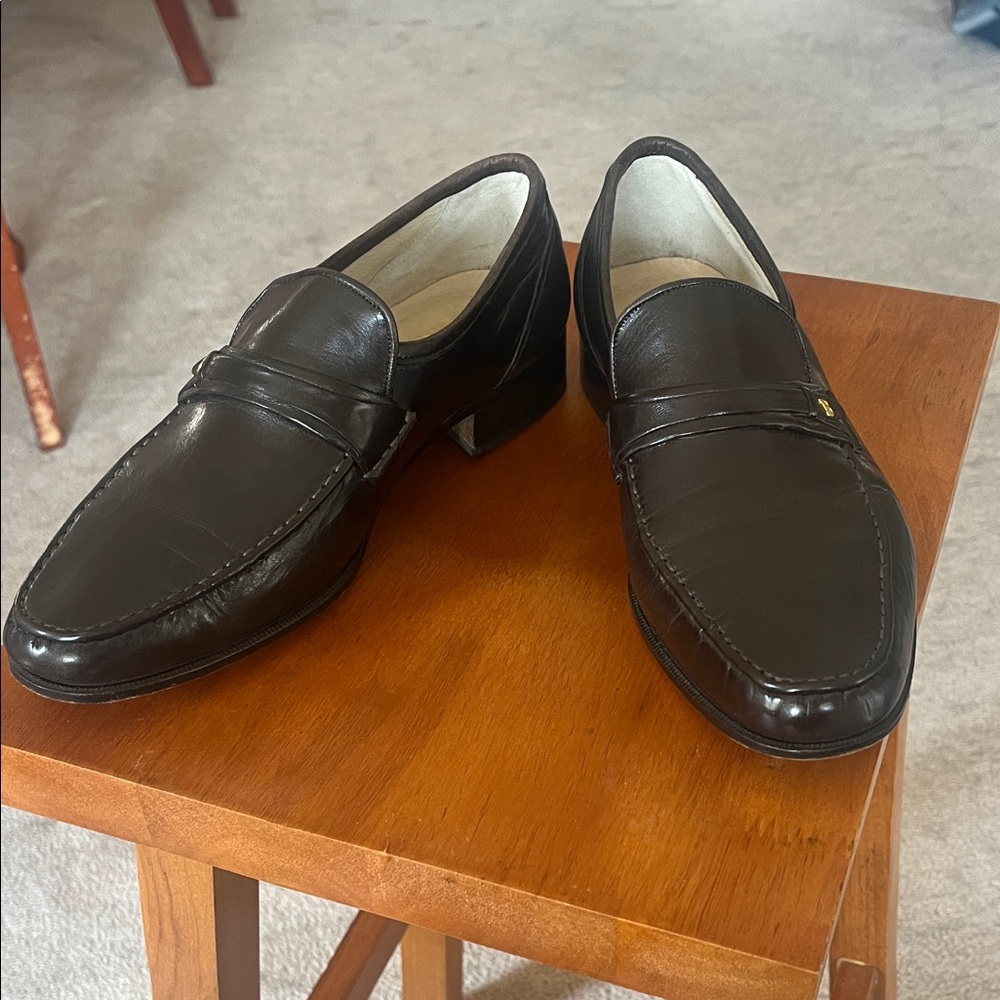 Dark brown moccasin toe leather loafers, size 8